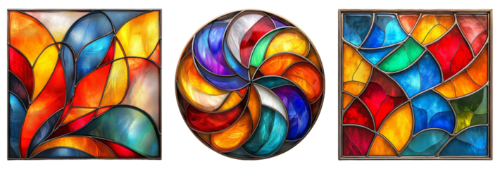 Stained glass patterns in various abstract designs isolated on transparent background