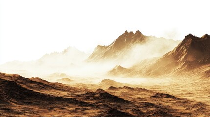 Naklejka premium A breathtaking view of misty mountains in a desolate landscape, evoking a sense of adventure and exploration.