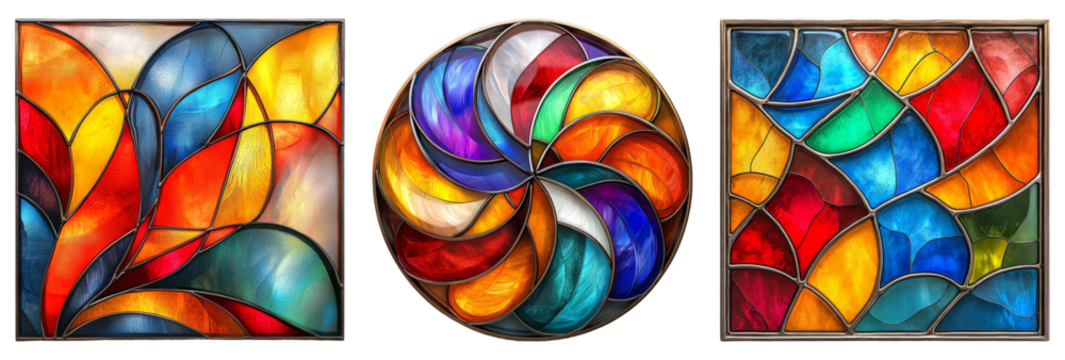 Stained glass patterns in various abstract designs isolated on transparent background
