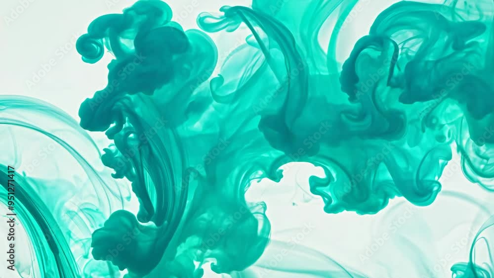 Poster elegant swirls of teal ink dispersing in clear water, creating mesmerizing patterns in slow motion