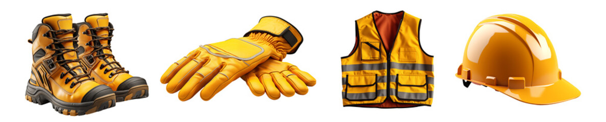 Collection of essential construction safety gear, including boots, gloves, vest, and hard hat, highlighted on transparent background, perfect for safety and industrial design projects, png