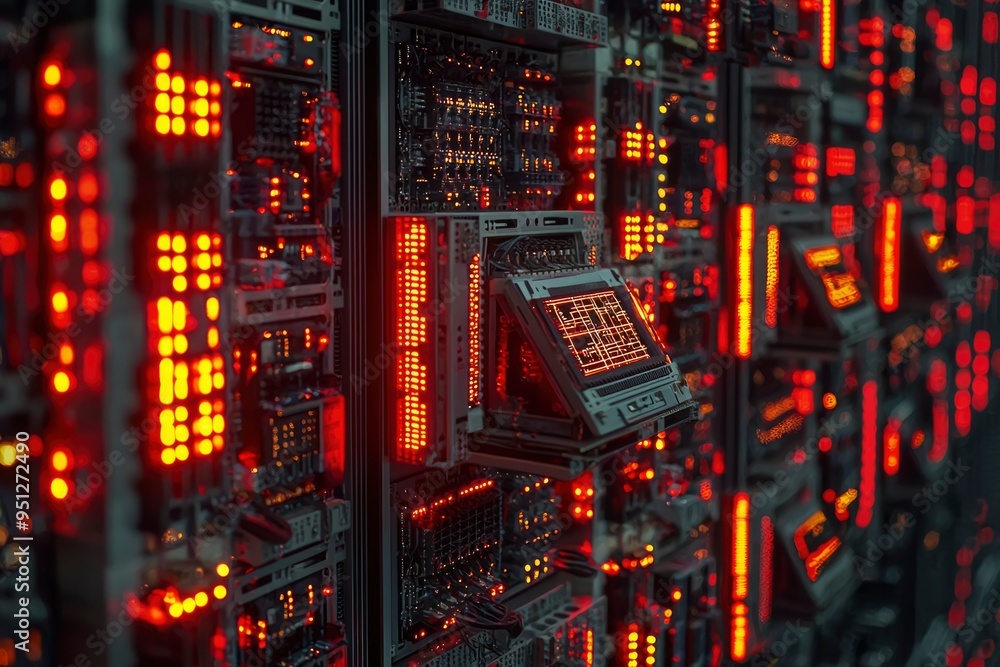 Poster close-up of a server rack with red leds