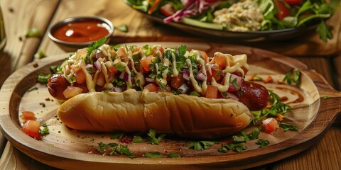 Flatbread with Sausage, Cheese, Salad, and Hummus on a Wooden Platter