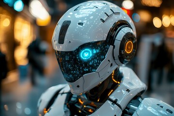 Close-up of a futuristic robot with glowing blue eye and orange accents