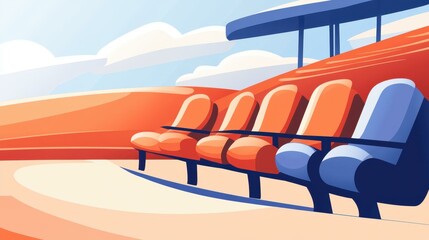 A vibrant, cartoonstyle image showcasing empty stadium seats, highlighting a sense of quiet and anticipation in a modern design.