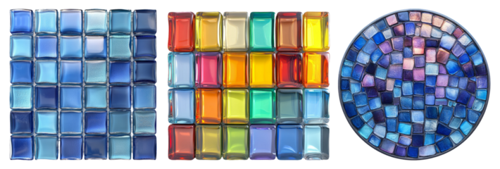 Colorful glass tiles in different shapes and patterns isolated on transparent background