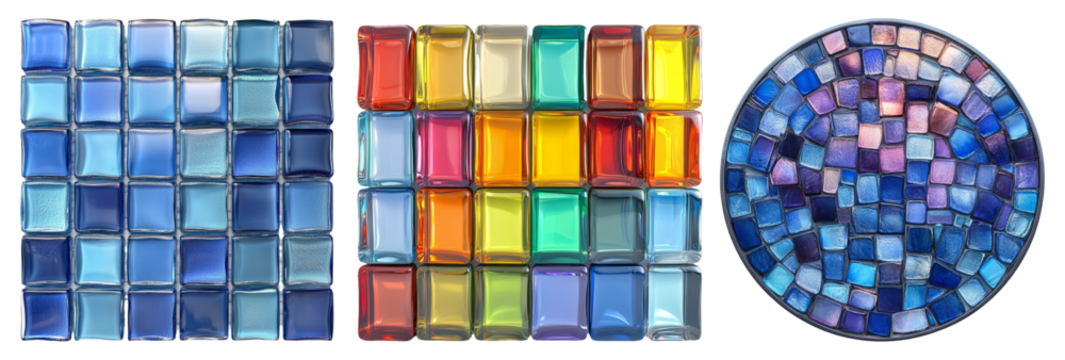 Colorful glass tiles in different shapes and patterns isolated on transparent background