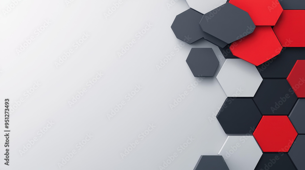 Poster a vibrant hexagon shape in red and grey flows against a dynamic gradient background, symbolizing sci