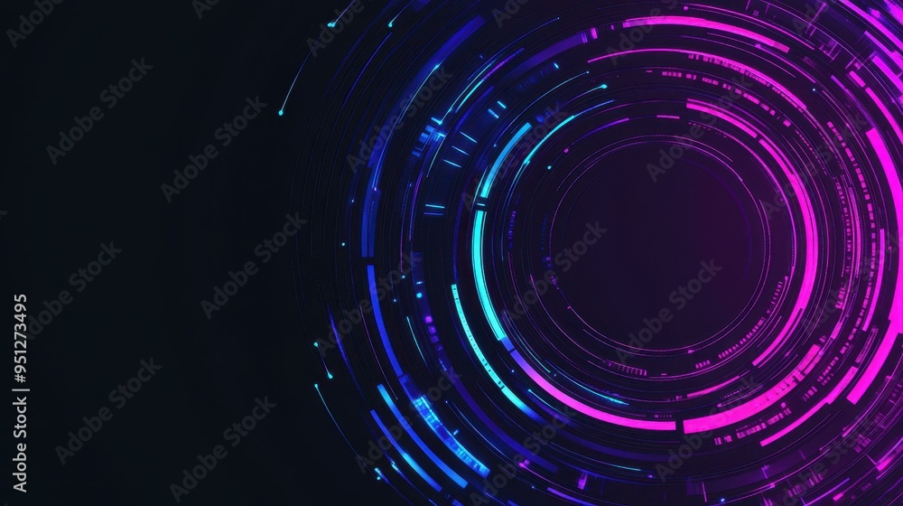 Poster experience a modern abstract design with dark backgrounds and gradient circle lines, perfect for tec