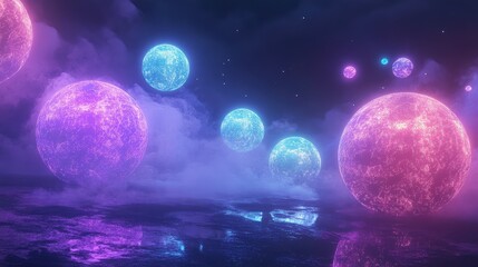 Neon Spheres in Mystical Fog - A Vibrant Abstract Wonderland