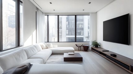 Minimalist living room with a sleek white sofa facing a wall-mounted TV, embodying modern design aesthetics.