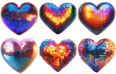 Digital pixelated heart shapes in vibrant colors isolated on transparent background