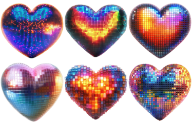 Digital pixelated heart shapes in vibrant colors isolated on transparent background