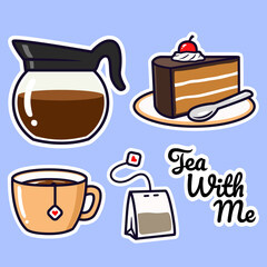 Tea with cake cartoon digital sticker set