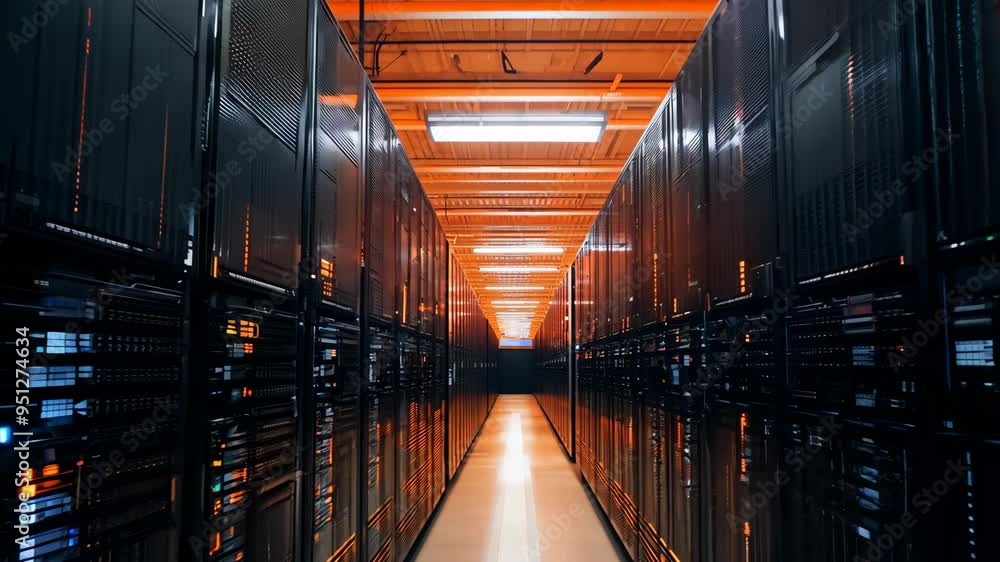 Poster exploring a high-tech data center with rows of servers in a modern facility at night