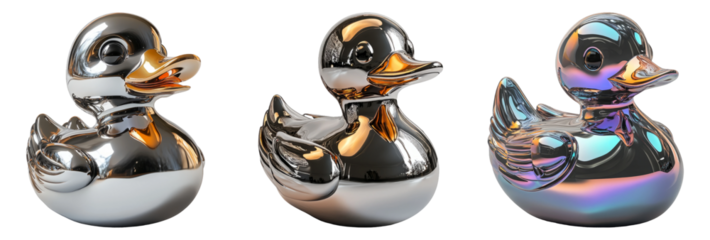 Metallic rubber duckies isolated on transparent background