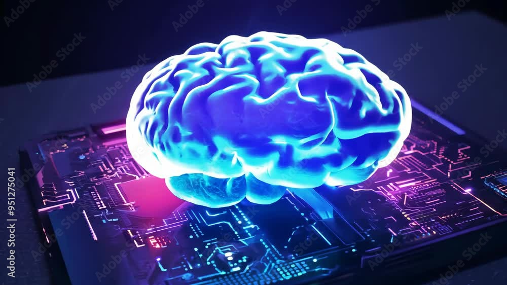 Poster exploring the connection between artificial intelligence and the human brain in a futuristic setting