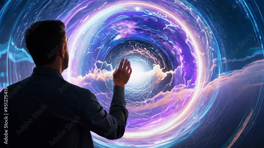 Poster exploring a cosmic vortex visualization with a man observing at a digital art exhibit in a modern ga