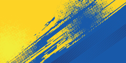 Abstract grunge vector background with paint brush and halftone effect, banner design template with blue and yellow gradient