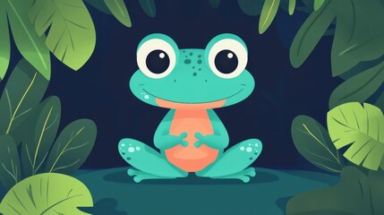 Fototapeta premium Immerse in a vibrant animation of a stunning waterfall, surrounded by lush greenery and a playful frog, perfect for nature lovers.