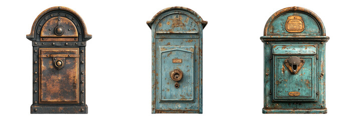 Old-fashioned mailboxes set isolated on transparent background