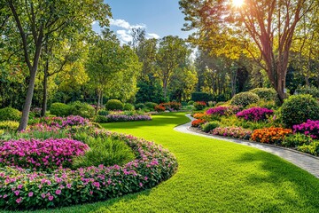 A Winding Stone Path Through a Lush Garden Filled with Vibrant Flowers and Green Trees Under a Sunny Sky