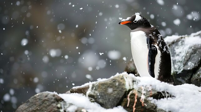 A penguin on the rocks and snow on him in the snow
