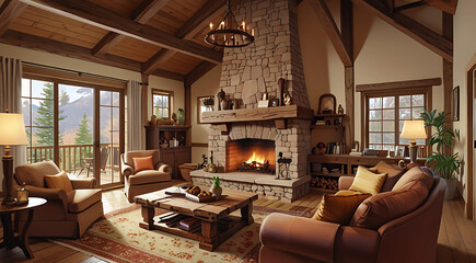 A cozy, rustic living room interior featuring a stone fireplace, wooden beams, and a plush sofa with warm-toned cushions, creating a welcoming and comfortable atmosphere.