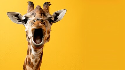 A pet giraffe looking interested and open mouthed on a yellow background looking shocked and shocked