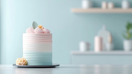 An artistic rainbow layer cake with abstract frosting patterns, set in a modern kitchen with artistic lighting.