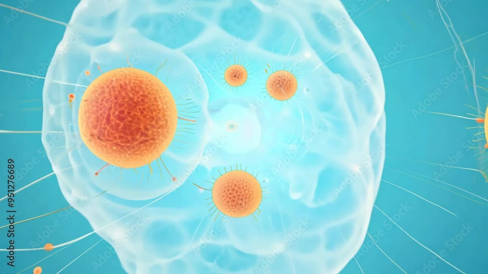 Poster animation illustrating cellular interactions and processes in a vibrant blue background with orange 