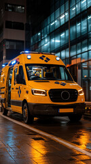 Obraz premium A bright yellow ambulance with flashing lights parked on a wet city street at night, near a modern glass building.