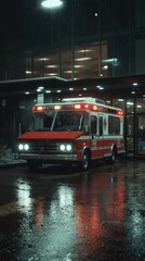 Obraz premium A red ambulance with flashing lights parked outside a hospital on a rainy night, with reflections on wet pavement.