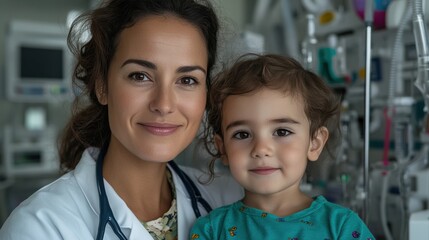 Fototapeta premium A caring female doctor smiling while holding a young child patient in a hospital room, with medical equipment in the background.
