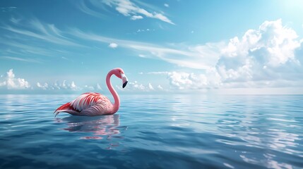 Fototapeta premium A pink flamingo swimming in the ocean against a blue sky