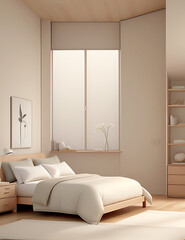 A serene, minimalist bedroom interior with large windows, a low platform bed, and soft, neutral-toned bedding, providing a peaceful and uncluttered retreat for relaxation.


