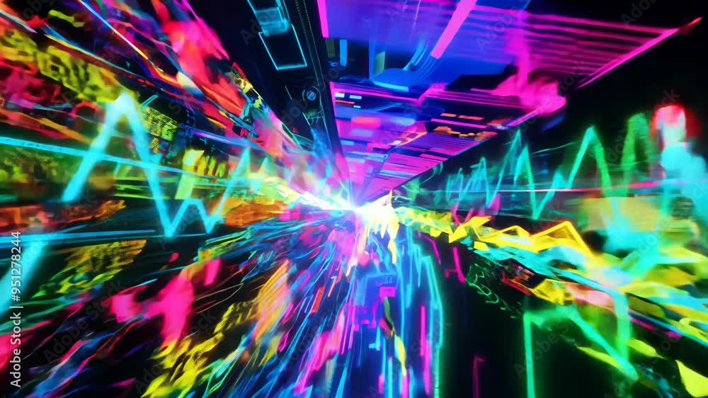 Poster vibrant neon tunnel journey featuring mesmerizing light patterns and colors in an abstract digital l