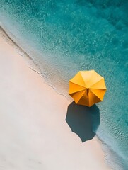 Serene Beach Landscape with Yellow Umbrella and Calm Turquoise Waters for Relaxation and Summer Getaway