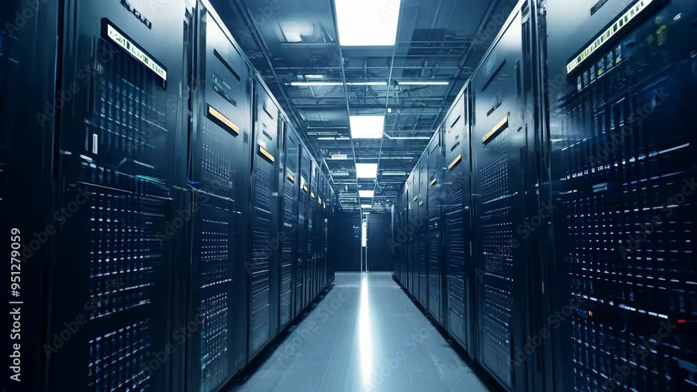 Poster exploring a high-tech data center with server racks and advanced infrastructure at night