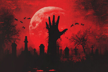 Ghost graveyard, eerie hand, red moonlight