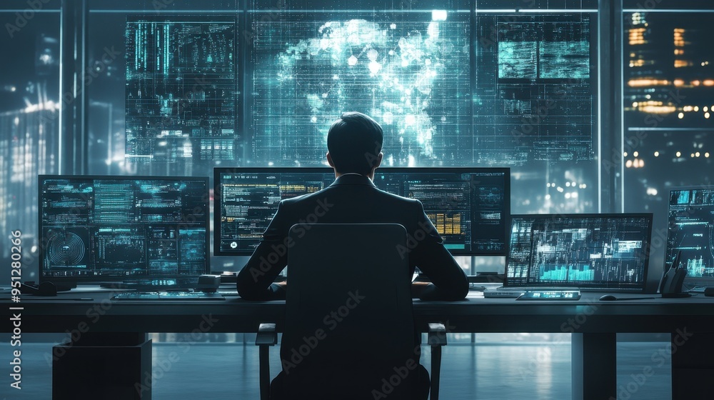 Poster hacker silhouette in futuristic tech control room