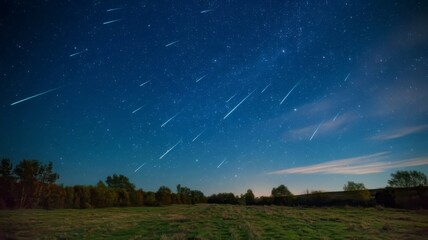 Meteor shower in the sky with smoky meteors leaving streaks against the backdrop of night