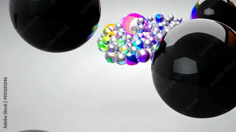 Poster animating colorful spheres floating in a serene space with unique reflections and lighting effects