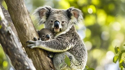 Obraz premium Koala Mother Carrying Joey in Eucalyptus Tree Highlighting Australian Wildlife Protection
