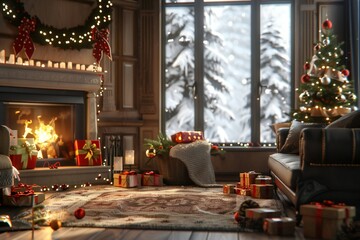 Festive 3D render of a cozy living room with holiday decorations, a roaring fire, and a family unwrapping presents, created by ai