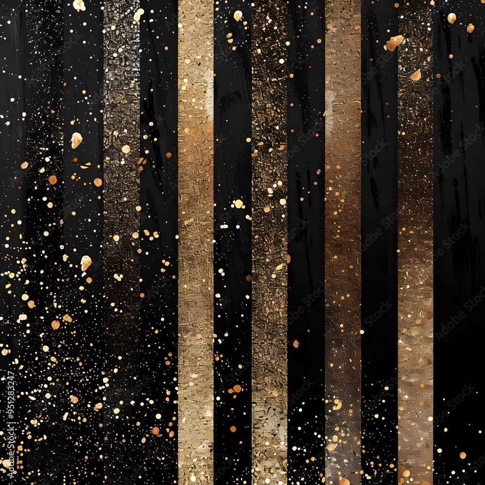 Poster an abstract design with vertical black and gold glitter stripes, creating a luxurious and elegant vi