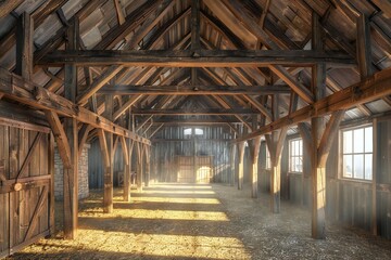 Graceful 3D render of a barn with wooden beams and a hayloft, created by ai