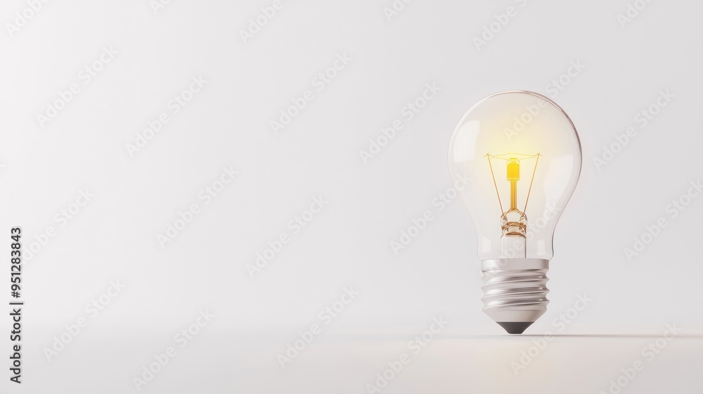 Poster bright idea - 3d render of high luminosity light bulb symbolizing innovation on white background in 