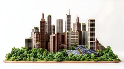 Obraz premium Sustainable Cityscape with Green Buildings and Solar Panels on White Background