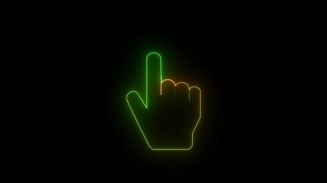 neon line hand icon mouse system green and yellow color animation on black background. 4k video.